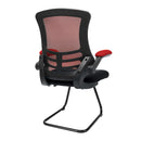 Nautilus Designs Luna Designer medium back mesh cantilever chair with two-tone fabric and folding arms, side view.