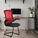 Nautilus Designs Luna medium back two-tone mesh cantilever chair with folding arms, featuring a modern office or lounge setting