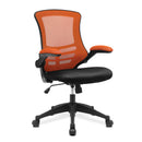 Nautilus Designs Luna Designer Medium Back Mesh Chair with two-tone upholstery and folding arms, viewed from side angle.