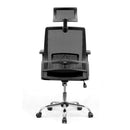 Black Alpha high back mesh chair with headrest and chrome base, designed by Nautilus Designs.