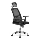 Black Alpha high back mesh chair with headrest and chrome base, side view showing ergonomic design and adjustable features.