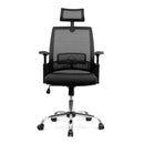 Black Alpha High Back Mesh Chair with headrest and chrome base by Nautilus Designs, shown from the front.