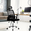Black Alpha High Back Mesh Chair with headrest and chrome base by Nautilus Designs, shown in a modern office setting.