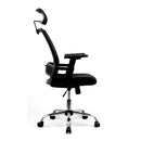 Black Alpha high back mesh chair with headrest and chrome base, featuring ergonomic design and adjustable features.