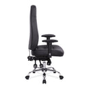 Side view of Nautilus Designs Babylon 24-hour operator chair with bonded leather upholstery and chrome base.