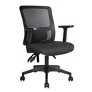 Black Nautilus Designs Barri Medium Back mesh task chair with fabric seat, three-lever adjustable height and ergonomic design.