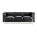 Contemporary black leather 3-seater reception sofa with stainless steel frame and integrated leg supports by Nautilus Designs