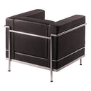 Black Belmont Contemporary reception chair with leather face, stainless steel frame, and integrated leg supports by Nautilus Designs.