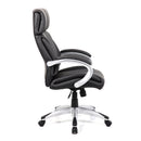 Black leather-faced managers chair with high back and armrests from Nautilus Designs, showing side view and ergonomic design.