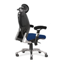 Nautilus Designs Ergo ergonomic high back mesh chair in black and blue, showing side view of cushioned seat and adjustable lumbar support.