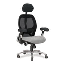 Nautilus Designs Ergo ergonomic high back mesh chair in black and grey with adjustable headrest and lumbar support.