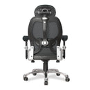 Black and grey Ergo ergonomic high back mesh chair by Nautilus Designs with adjustable headrest and lumbar support.