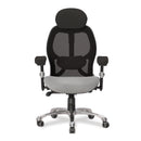 Black and grey ergonomic high back executive mesh chair by Nautilus Designs, showcasing its supportive backrest and adjustable features.
