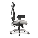 Side view of Nautilus Designs Ergo ergonomic high back mesh office chair in black and grey, showcasing adjustable headrest and lumbar support.