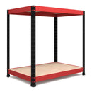 Nautilus Designs RB Boss 2-tier workstation with red and black powder-coated steel frame and chipboard shelves, 900x900x600mm.