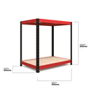 Nautilus Designs RB Boss 2-tier workstation with red and black powder-coated steel frame and chipboard shelves, 900x900x600mm.