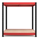 Nautilus Designs RB Boss 2-tier workstation with red and black powder-coated steel frame and chipboard shelves, 900x900x600mm.