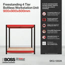 Nautilus Designs RB Boss 2-tier workstation with red and black steel frame and chipboard shelves, 900x900x600mm, 800kg UDL.
