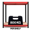 Nautilus Designs RB Boss 2-tier workstation with red and black steel frame and chipboard shelves, 900x900x600mm, 800kg UDL.