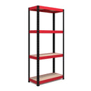 Nautilus Designs RB Boss 4-tier shelving unit with red and black powder-coated steel frame and MDF shelves, 1600x750x350mm