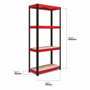 Nautilus Designs RB Boss 4-tier shelving unit with red and black powder-coated steel frame and MDF shelves, 1600x750x350mm.