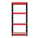Nautilus Designs RB Boss 4-tier shelving unit with red and black powdercoated steel frame and MDF shelves, 1600x750x350mm.