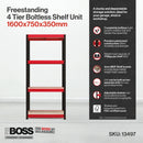 Nautilus Designs RB Boss 4-tier shelving unit with red and black powder-coated steel frame and MDF shelves, 1600x750x350mm.