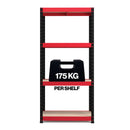 Nautilus Designs RB Boss 4-tier shelving unit with red and black powder-coated steel frame and MDF shelves, 1600x750x350mm
