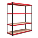 Nautilus Designs RB Boss 4-tier shelving unit with red and black powder-coated steel frame and MDF shelves, 1800x1600x600mm