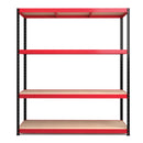 Nautilus Designs RB Boss 4-tier shelving unit with red and black powder-coated steel frame and MDF shelves, 1800x1600x600mm.