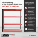 Nautilus Designs RB Boss 4-tier shelving unit with red and black powder-coated steel frame and MDF shelves, 1800x1600x600mm