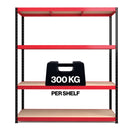 Nautilus Designs RB Boss 4-tier shelving unit with red and black powder-coated steel frame and MDF shelves, 1800x1600x600mm.