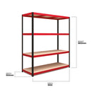 Nautilus Designs RB Boss 4-tier shelving unit with red and black powdercoated steel frame and MDF shelves, 1800x1600x600mm.