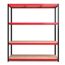 Nautilus Designs RB Boss 4-tier shelving unit with red and black powder-coated steel frame and MDF shelves, 1800x1600x600mm