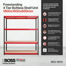 Nautilus Designs RB Boss 4-tier shelving unit with red and black powdercoated steel frame and MDF shelves, 1800x1600x600mm, 500kg UDL