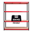 Nautilus Designs RB Boss 4-tier shelving unit with red and black powder-coated steel frame and MDF shelves, 1800x1600x600mm.