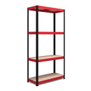 Nautilus Designs RB Boss 4-tier shelving unit with red and black powder-coated steel frame and MDF shelves, 1800x900x300mm.