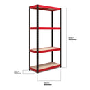RB Boss 4-tier shelving unit by Nautilus Designs with red and black powder-coated steel frame and MDF shelves, 1800x900x300mm