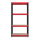 Nautilus Designs RB Boss 4-tier shelving unit with red and black powdercoated steel frame and MDF shelves, 1800x900x300mm.