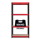 Nautilus Designs RB Boss 4-tier shelving unit with red and black powdercoated steel frame and MDF shelves, 1800x900x300mm.