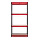 Nautilus Designs RB Boss 4-tier shelving unit with red and black powder-coated steel frame and MDF shelves, 1800x900x400mm