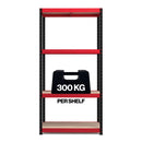 Nautilus Designs RB Boss 4-tier shelving unit with red and black powder-coated steel frame and MDF shelves, 1800x900x400mm.