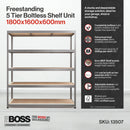 Nautilus Designs RB Boss 5-tier shelving unit with galvanised steel frame and MDF shelves, 1800x1600x600mm, 250kg UDL capacity.
