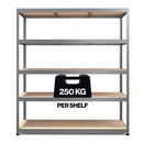 Nautilus Designs RB Boss 5-tier shelving unit with galvanised steel frame and MDF shelves, 1800x1600x600mm, 250kg UDL capacity.