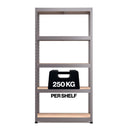 Nautilus Designs RB Boss 5-tier shelving unit with galvanized steel frame and MDF shelves, 1800x900x300mm, supports 250kg UDL.