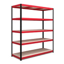 Nautilus Designs RB Boss 5-tier shelving unit with red and black powder-coated steel frame and MDF shelves, 1800x1600x600mm.