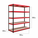Nautilus Designs RB Boss 5-tier shelving unit with red and black powder-coated steel frame and MDF shelves, 1800x1600x600mm.