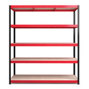 Nautilus Designs RB Boss 5-tier shelving unit with red and black powder-coated steel frame and MDF shelves, 1800x1600x600mm.