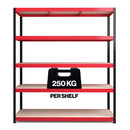 Nautilus Designs RB Boss 5-tier shelving unit with red and black powder-coated steel frame and MDF shelves, 1800x1600x600mm.