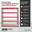 Nautilus Designs RB Boss 5-tier shelving unit with red and black powder-coated steel frame and MDF shelves, 1800x1600x600mm